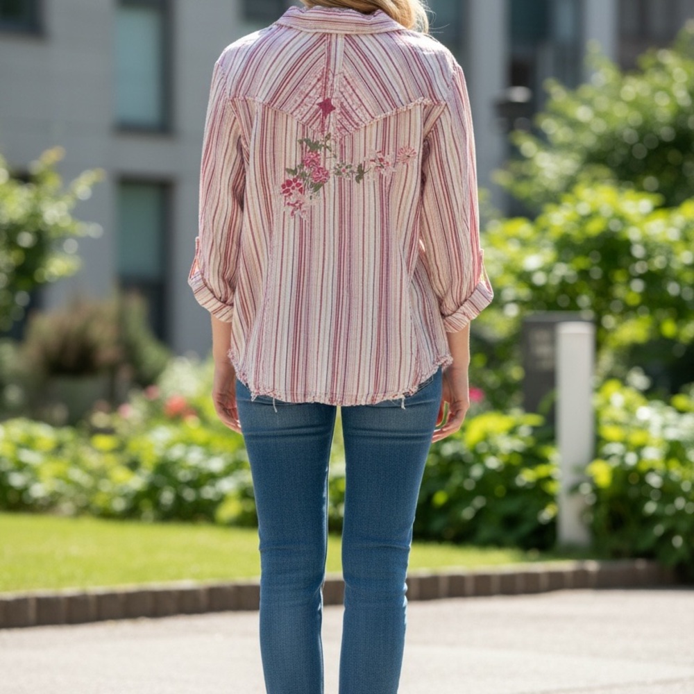 Mixit Embroidered Button-Up Shirt in Pink and White Stripes
